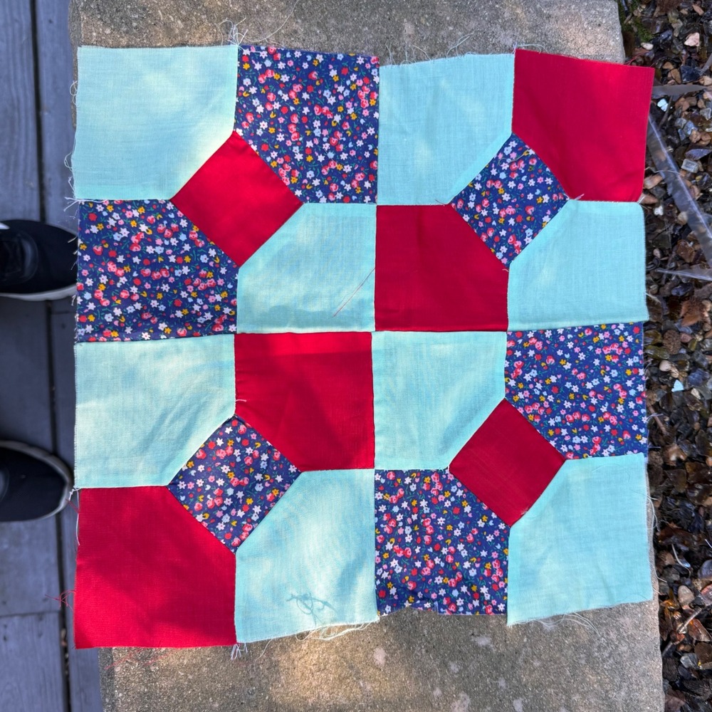 1.a.a.16 Vintage 12" Bow Tie Quilt Block Hand Pieced Red Aqua Floral Unfinished